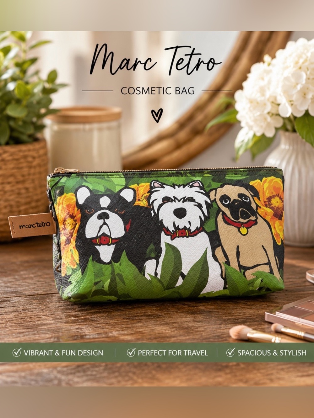 NWT Marc Tetro Dog & Sunflower Print Cosmetic Makeup Bag Pouch